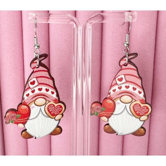 Gnome Valentine Earrings Light Wearing Hook Backing - Picture 1 of 3